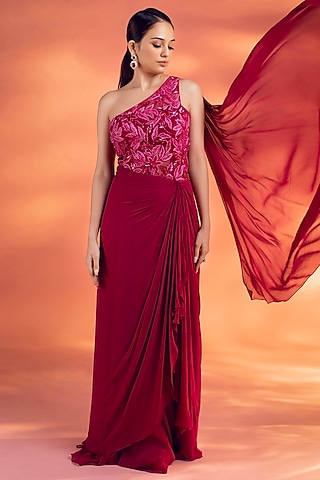 Magenta Pink Georgette Floral Motif Embellished Draped Gown by KIYOHRA