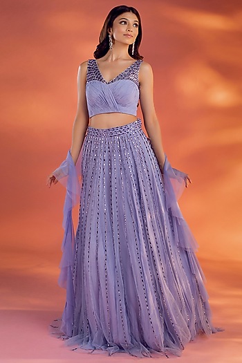 Periwinkle Blue Net Crystal Beads Embroidered Wedding Lehenga Set by KIYOHRA at Pernia's Pop Up Shop