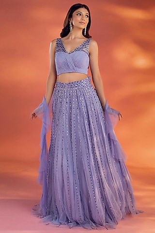 Periwinkle Blue Net Crystal Beads Embroidered Lehenga Set by KIYOHRA