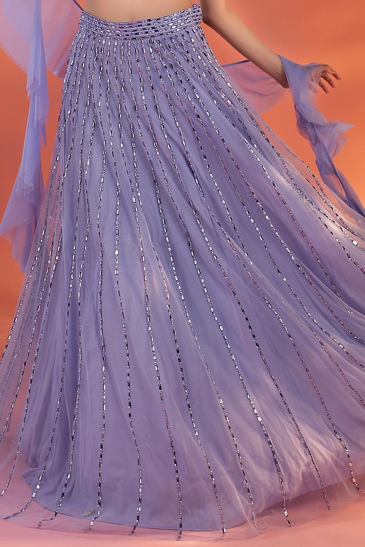 Periwinkle Blue Net Crystal Beads Embroidered Wedding Lehenga Set by KIYOHRA at Pernia's Pop Up Shop