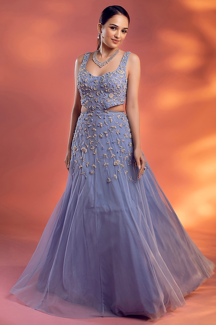Blue Net Glass Beads Embellished Gown by KIYOHRA