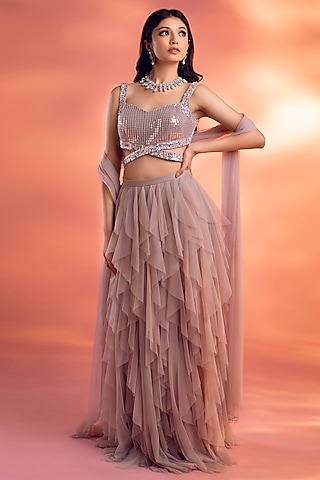 Grey & Pink Net Ruffled Lehenga Set by KIYOHRA
