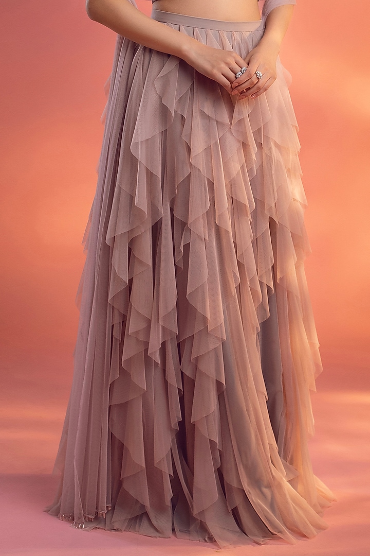 Grey & Pink Net Ruffled Wedding Lehenga Set by KIYOHRA at Pernia's Pop Up Shop