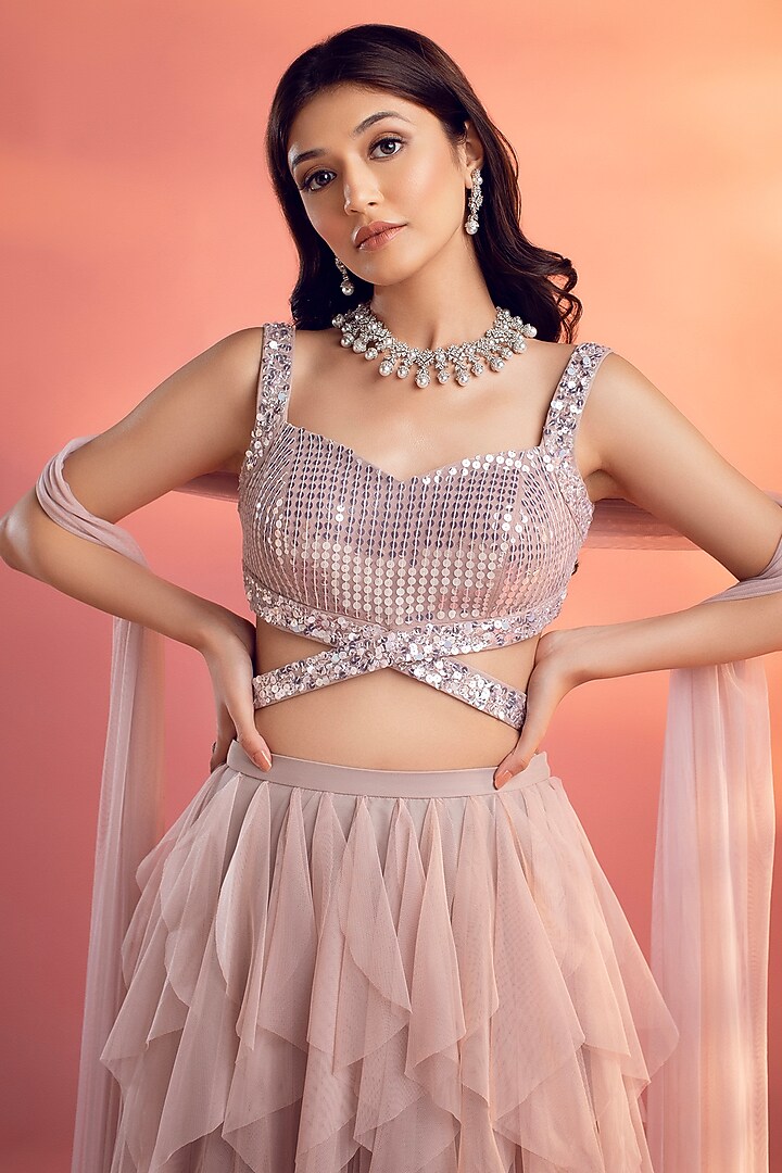 Grey & Pink Net Ruffled Wedding Lehenga Set by KIYOHRA at Pernia's Pop Up Shop