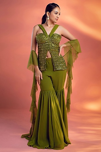 Green Georgette Wedding Sharara Set by KIYOHRA at Pernia's Pop Up Shop