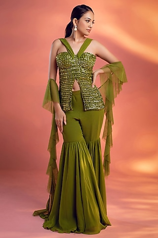 Green Georgette Sharara Set by KIYOHRA