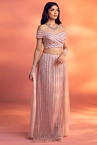 Pink Net Crystal Beads Embellished Lehenga Set by KIYOHRA