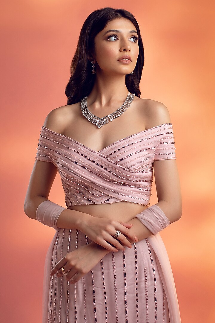 Pink Net Crystal Beads Embellished Wedding Lehenga Set by KIYOHRA at Pernia's Pop Up Shop