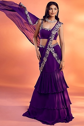 Purple Georgette Floral Embroidered Draped Wedding Saree Ser by KIYOHRA at Pernia's Pop Up Shop