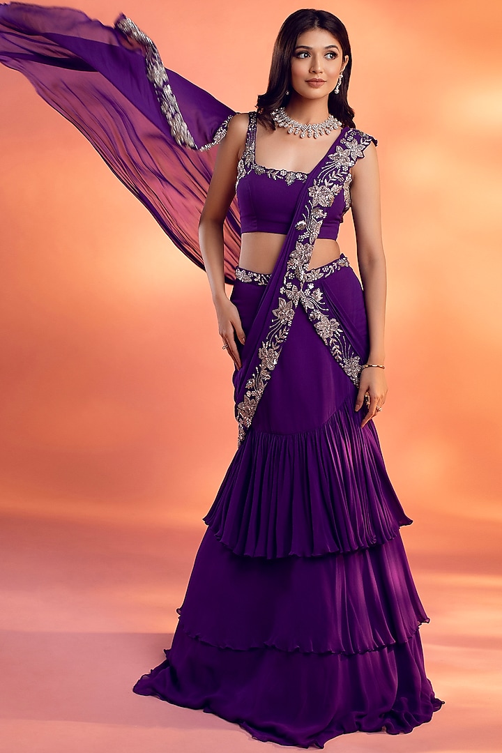 Purple Georgette Floral Embroidered Draped Saree Ser by KIYOHRA