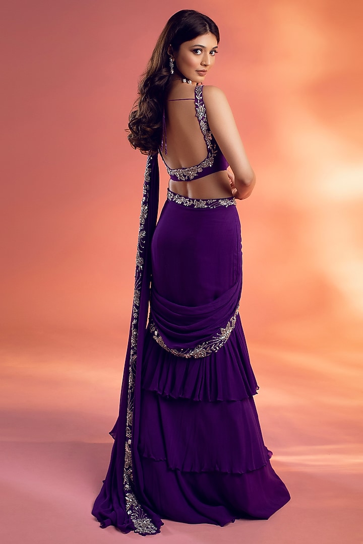 Purple Georgette Floral Embroidered Draped Wedding Saree Ser by KIYOHRA at Pernia's Pop Up Shop