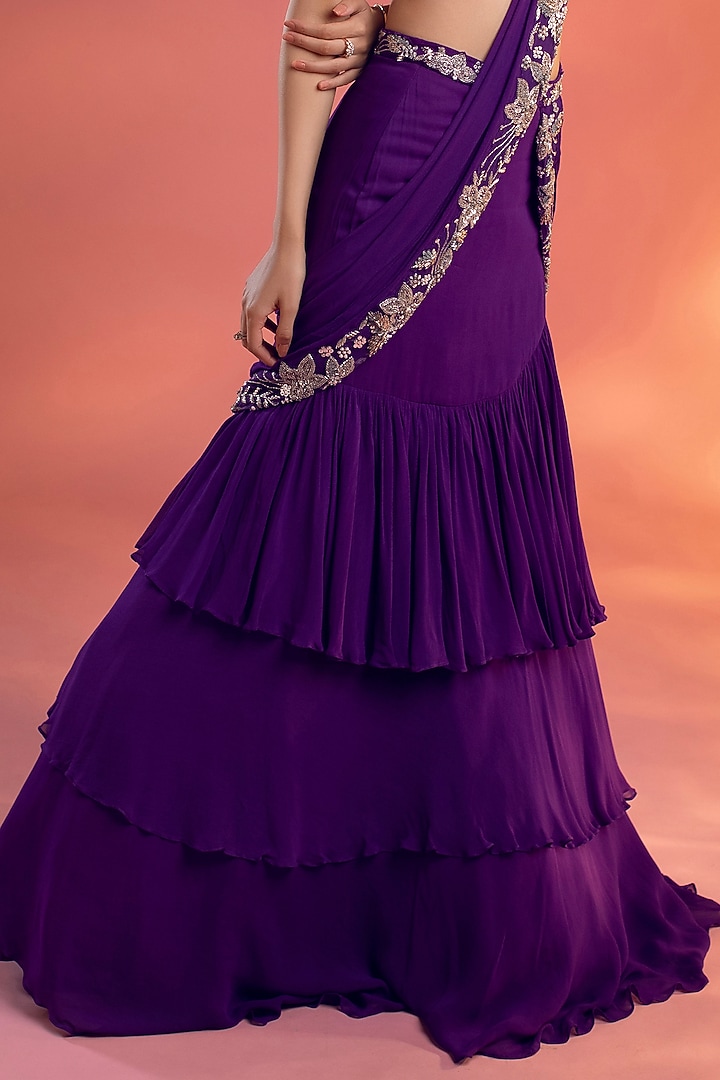 Purple Georgette Floral Embroidered Draped Wedding Saree Ser by KIYOHRA at Pernia's Pop Up Shop