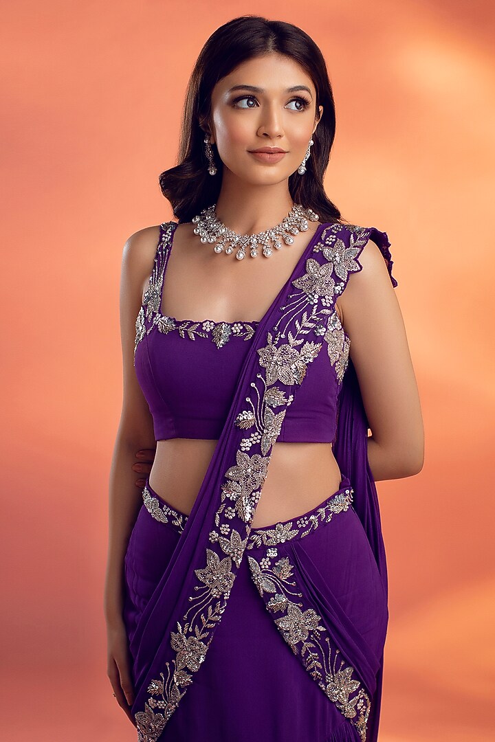 Purple Georgette Floral Embroidered Draped Wedding Saree Ser by KIYOHRA at Pernia's Pop Up Shop