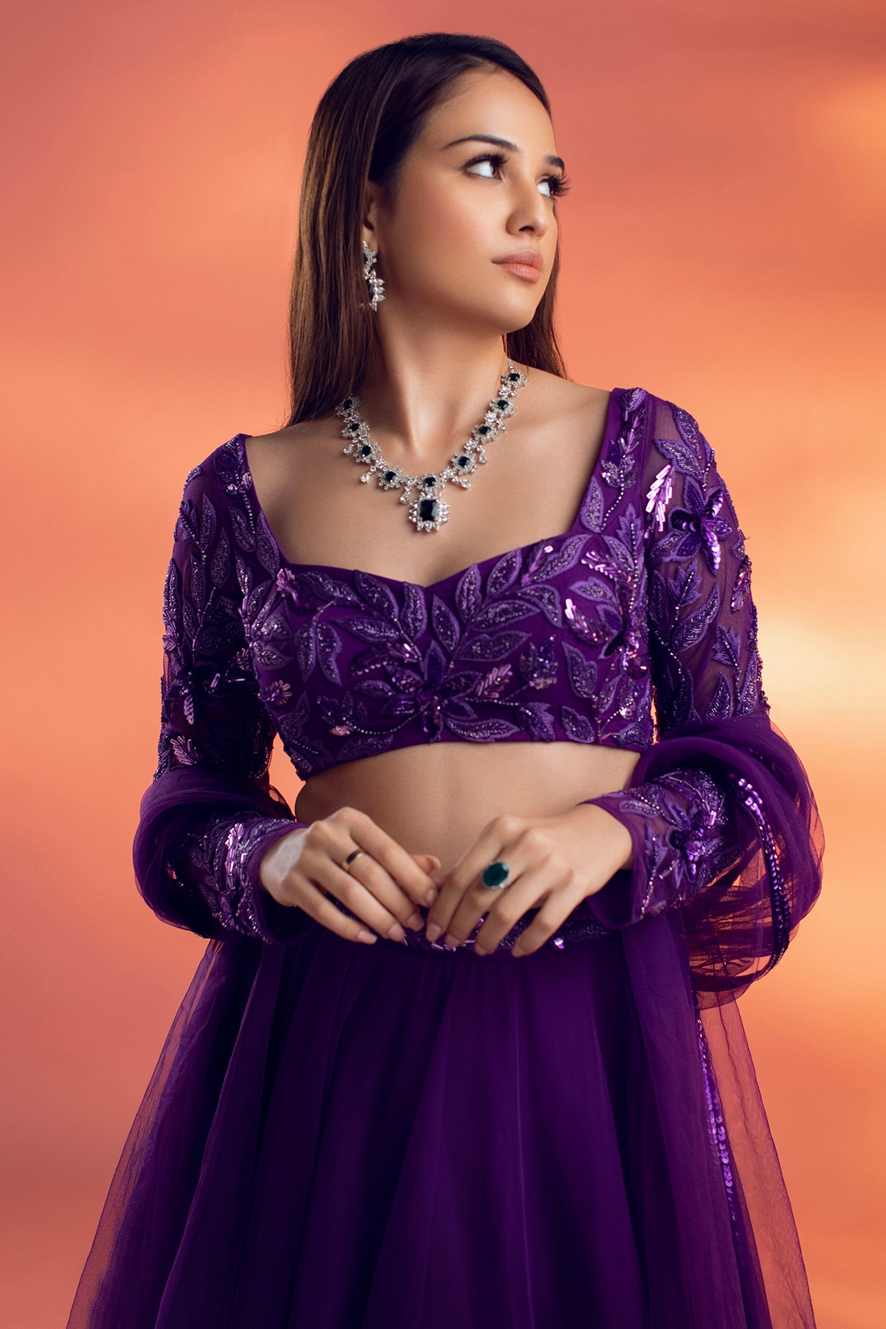 Photo of Purple lehenga with off shoulder beige blouse | Purple lehenga,  Victorian dress, Formal dresses long