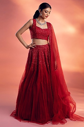 Red Net Glass Beads Embroidered Wedding Lehenga Set by KIYOHRA at Pernia's Pop Up Shop