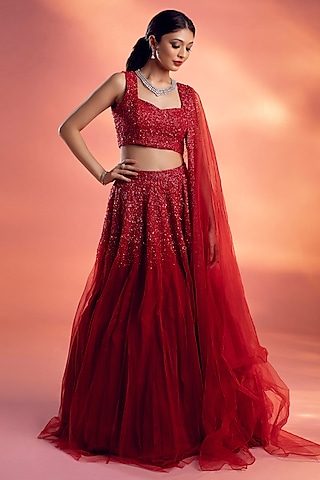 Red Net Glass Beads Embroidered Lehenga Set by KIYOHRA