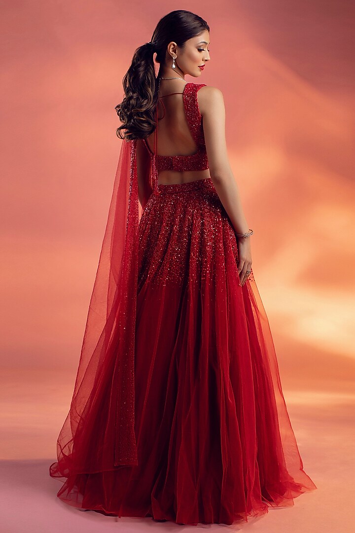 Red Net Glass Beads Embroidered Wedding Lehenga Set by KIYOHRA at Pernia's Pop Up Shop