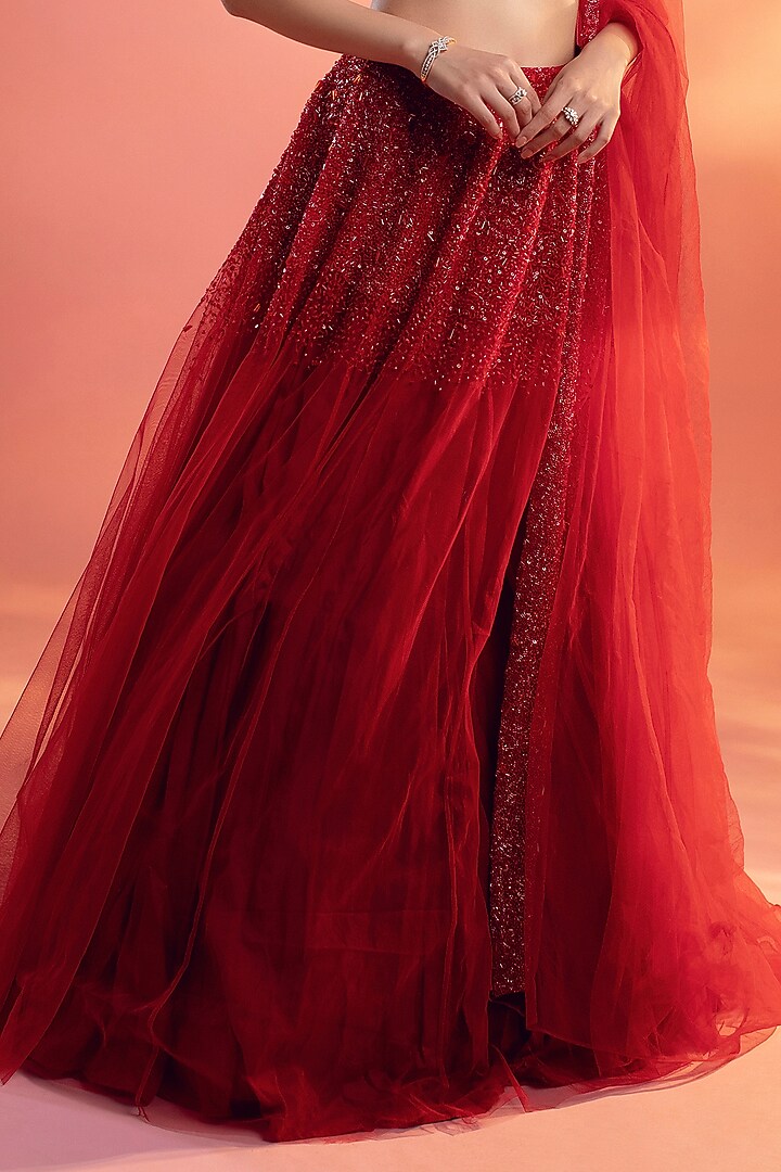 Red Net Glass Beads Embroidered Wedding Lehenga Set by KIYOHRA at Pernia's Pop Up Shop