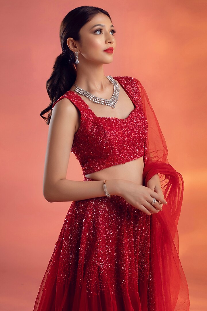 Red Net Glass Beads Embroidered Wedding Lehenga Set by KIYOHRA at Pernia's Pop Up Shop