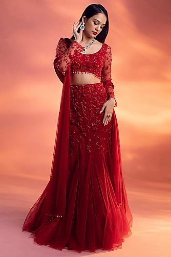 Red Net Glass Beads Embroidered Fish-Tail Wedding Lehenga Set by KIYOHRA at Pernia's Pop Up Shop