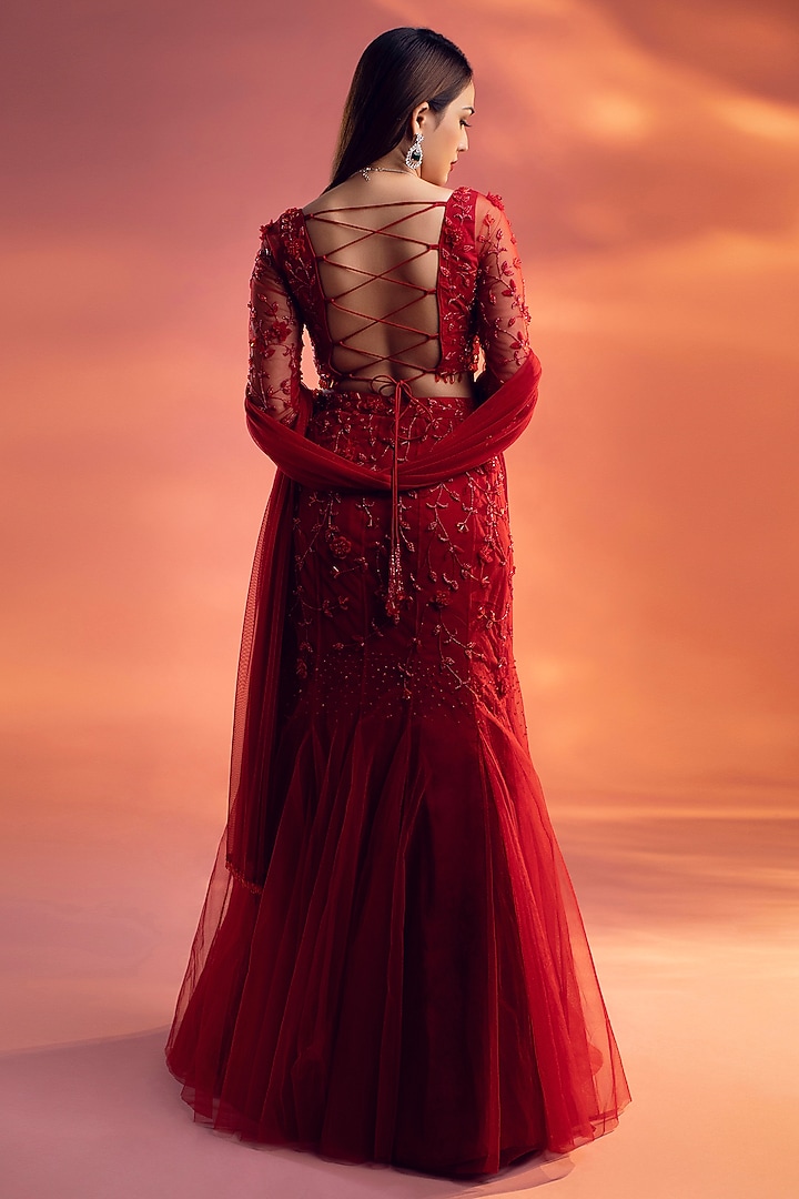 Red Net Glass Beads Embroidered Fish-Tail Wedding Lehenga Set by KIYOHRA at Pernia's Pop Up Shop