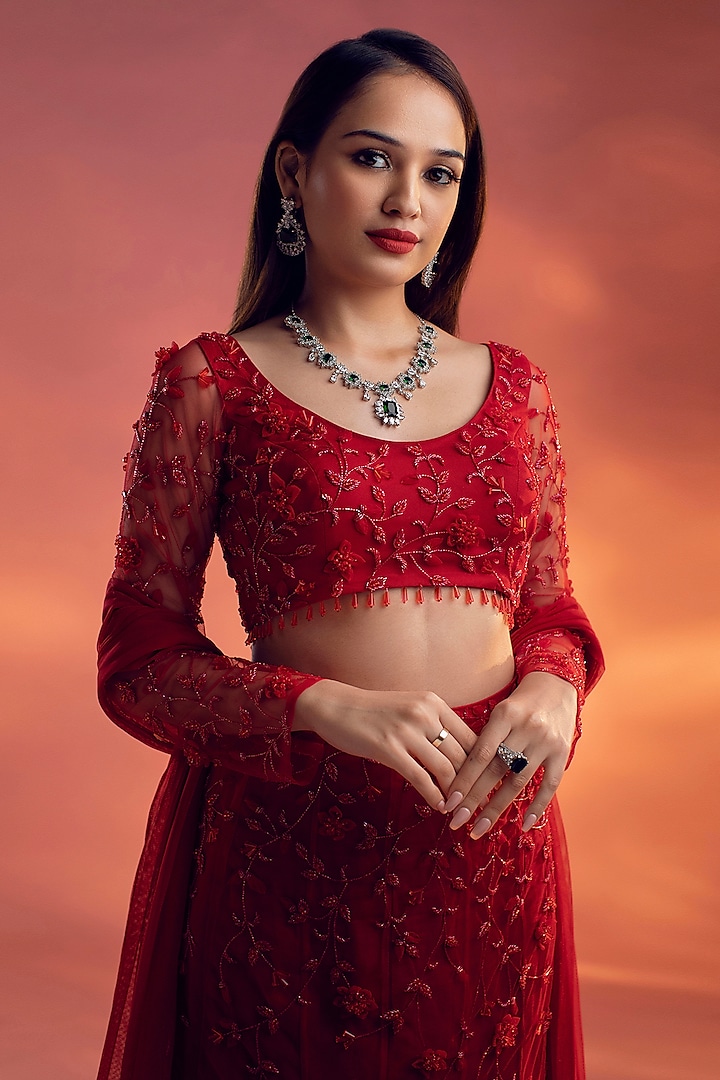 Red Net Glass Beads Embroidered Fish-Tail Wedding Lehenga Set by KIYOHRA at Pernia's Pop Up Shop