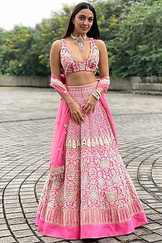 Raspberry Pink & Cream Hand Embroidered Lehenga Set by Arpita Mehta