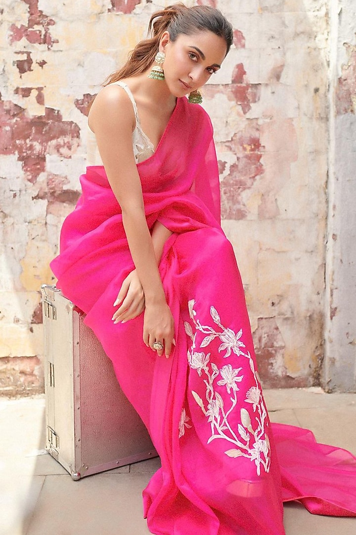 Fuchsia Pink Silk Organza Embroidered Saree Set by Devnaagri
