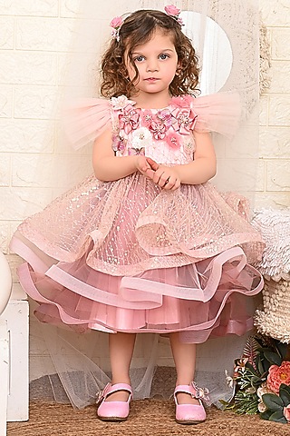 Pink Satin Embroidered Dress For Girls by Kidilicious