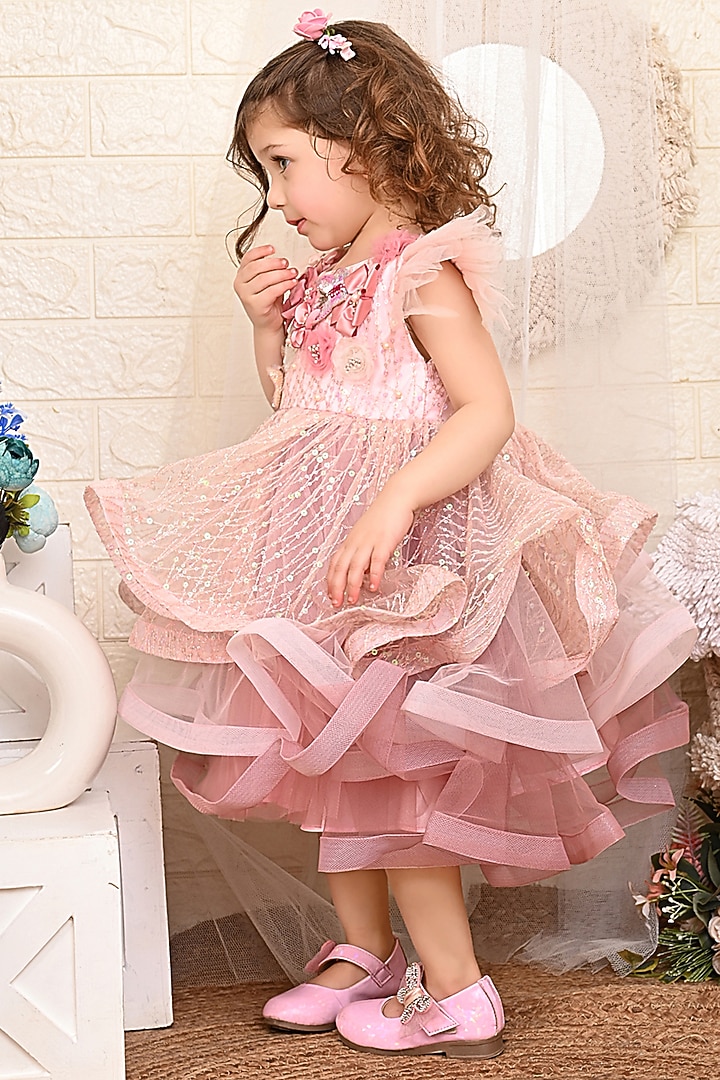 Pink Satin Embroidered Dress For Girls by Kidilicious at Pernia's Pop Up Shop