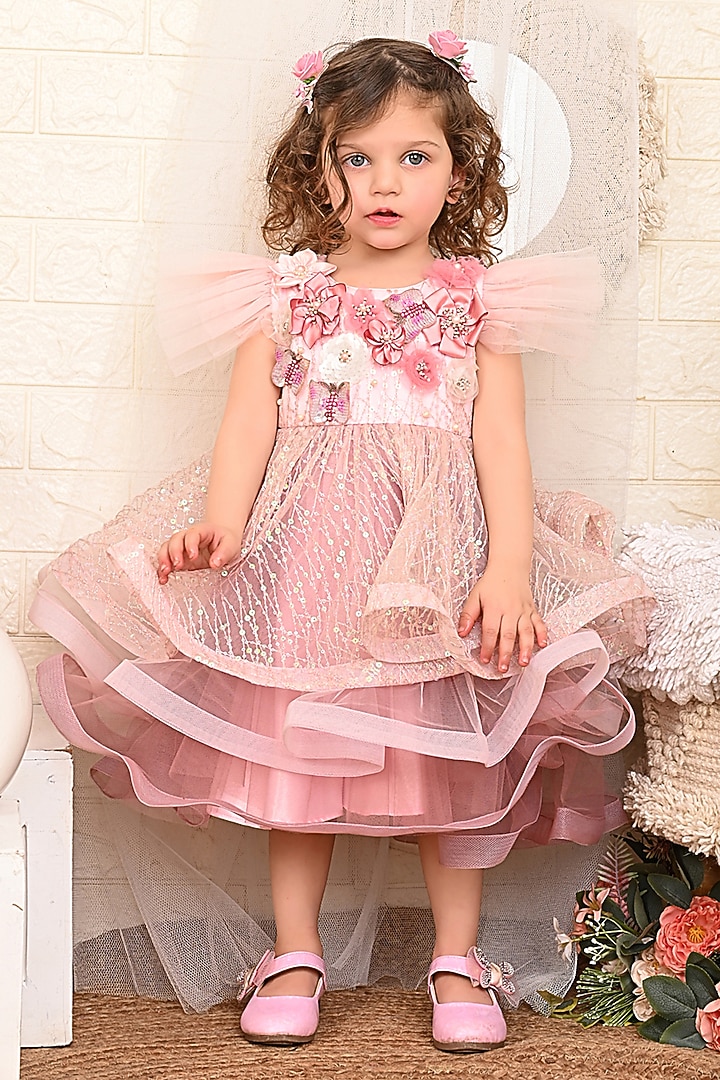 Pink Satin Embroidered Dress For Girls by Kidilicious at Pernia's Pop Up Shop