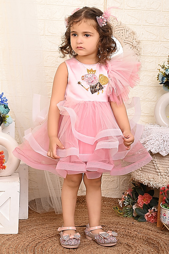 Pink Embroidered One-Shoulder Dress For Girls by Kidilicious at Pernia's Pop Up Shop