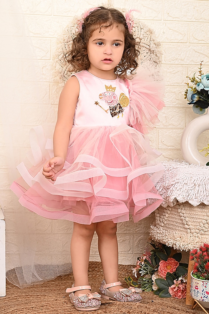 Pink Embroidered One-Shoulder Dress For Girls by Kidilicious at Pernia's Pop Up Shop