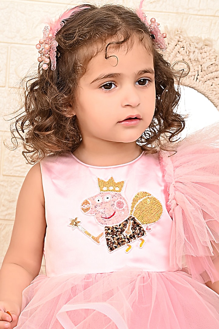 Pink Embroidered One-Shoulder Dress For Girls by Kidilicious at Pernia's Pop Up Shop