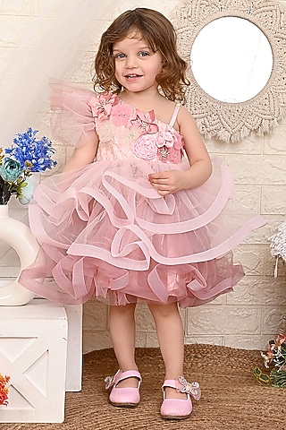 Rose Pink Net One-Shoulder Dress For Girls by Kidilicious
