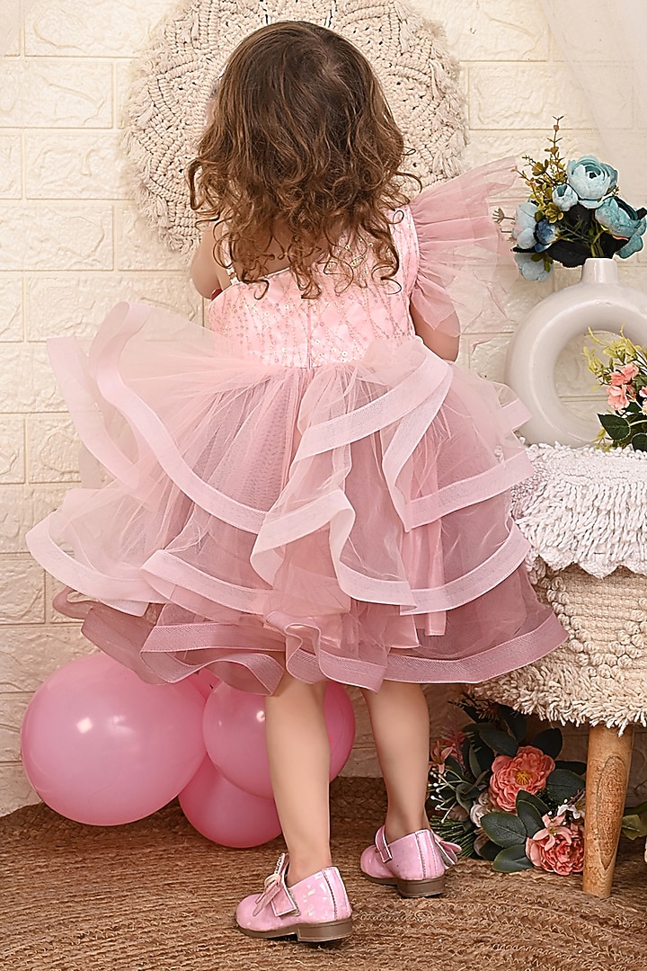 Rose Pink Net One-Shoulder Dress For Girls by Kidilicious at Pernia's Pop Up Shop