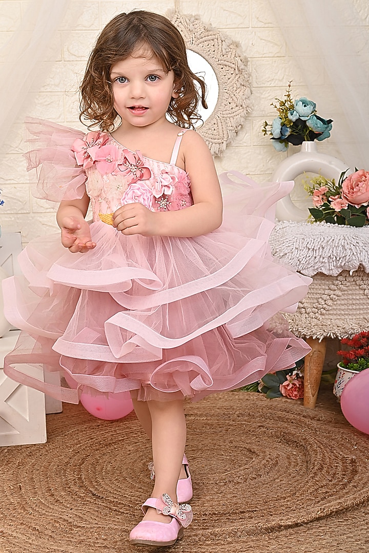 Rose Pink Net One-Shoulder Dress For Girls by Kidilicious at Pernia's Pop Up Shop