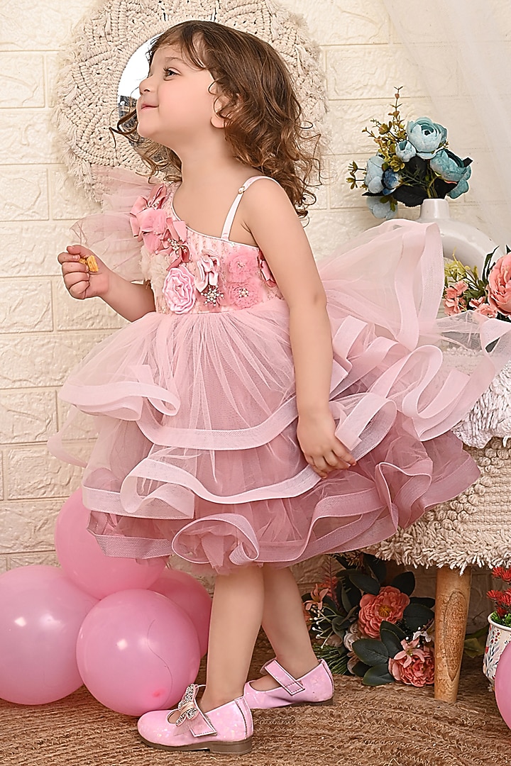 Rose Pink Net One-Shoulder Dress For Girls by Kidilicious at Pernia's Pop Up Shop