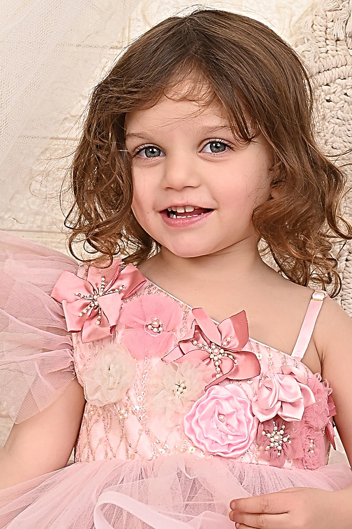 Rose Pink Net One-Shoulder Dress For Girls by Kidilicious at Pernia's Pop Up Shop