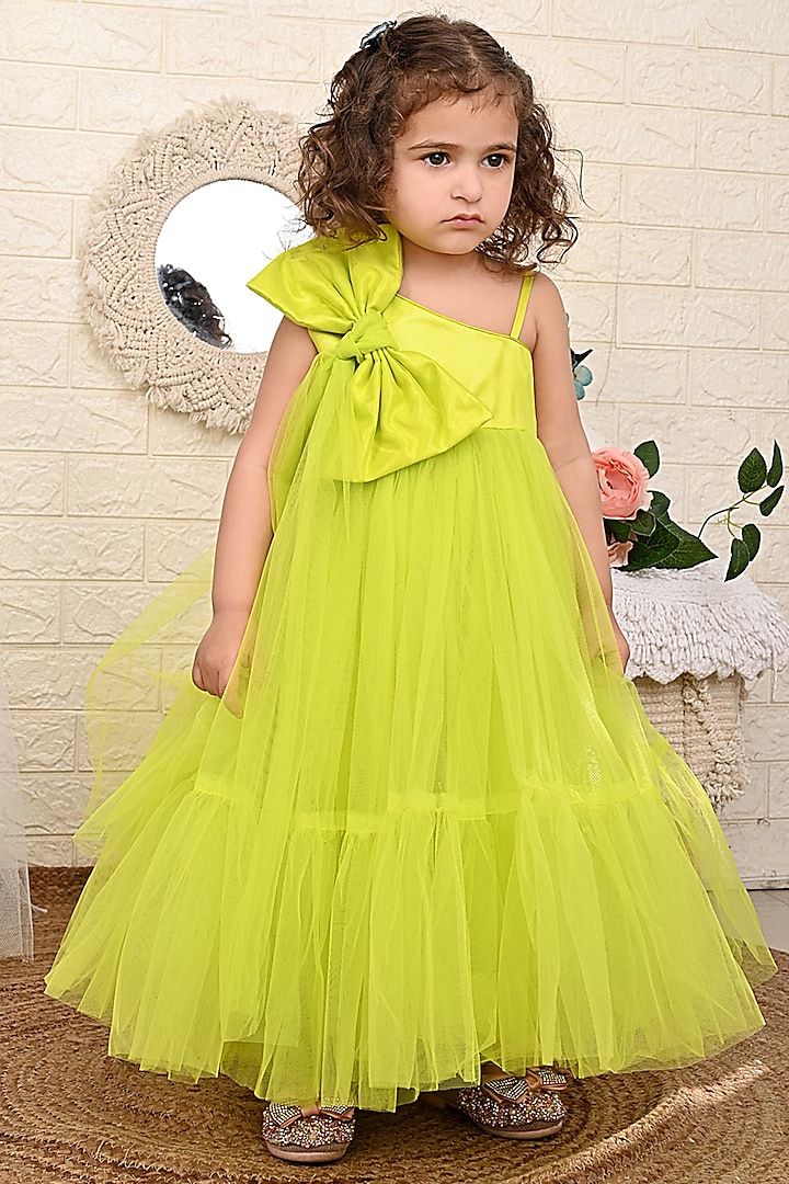 Neon Green Net Dress For Girls by Kidilicious