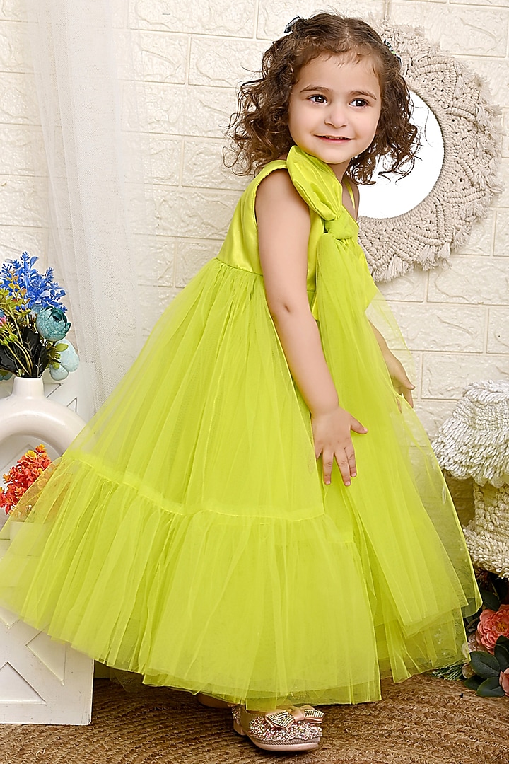 Neon Green Net Dress For Girls by Kidilicious at Pernia's Pop Up Shop
