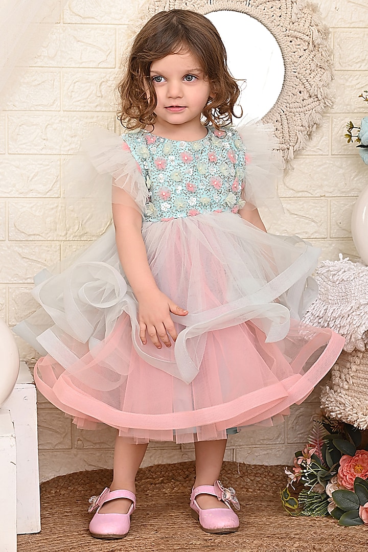 Sea Green & Pink Net Dress For Girls by Kidilicious