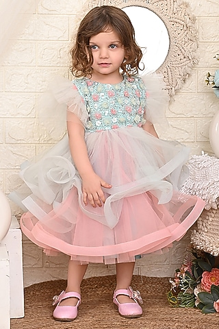 Sea Green & Pink Net Dress For Girls by Kidilicious