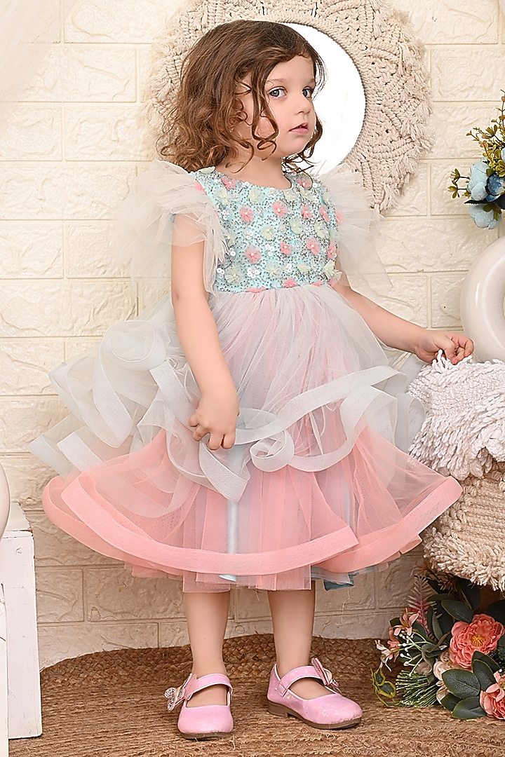 Sea Green & Pink Net Dress For Girls by Kidilicious at Pernia's Pop Up Shop