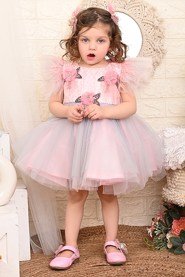 Pink & Grey Net Dress For Girls by Kidilicious