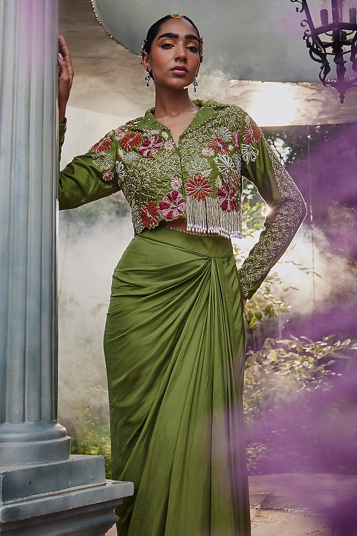 Green Satin Draped Skirt Set by Show Shaa at Pernia's Pop Up Shop