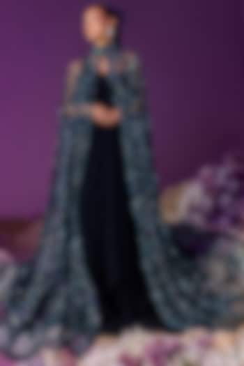 Dark Teal Georgette Gown With Cape by Mala and Kinnary