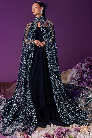Dark Teal Georgette Gown With Cape by Mala and Kinnary