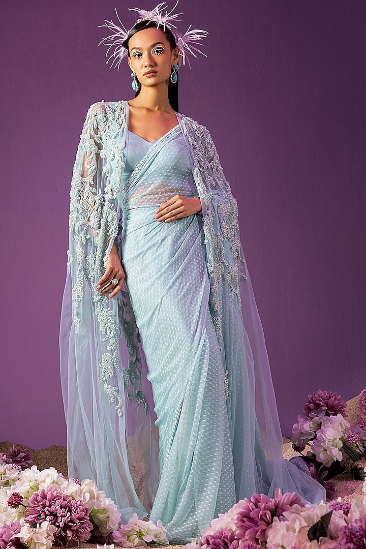 Turquoise Net Jacket Saree Set by Mala and Kinnary