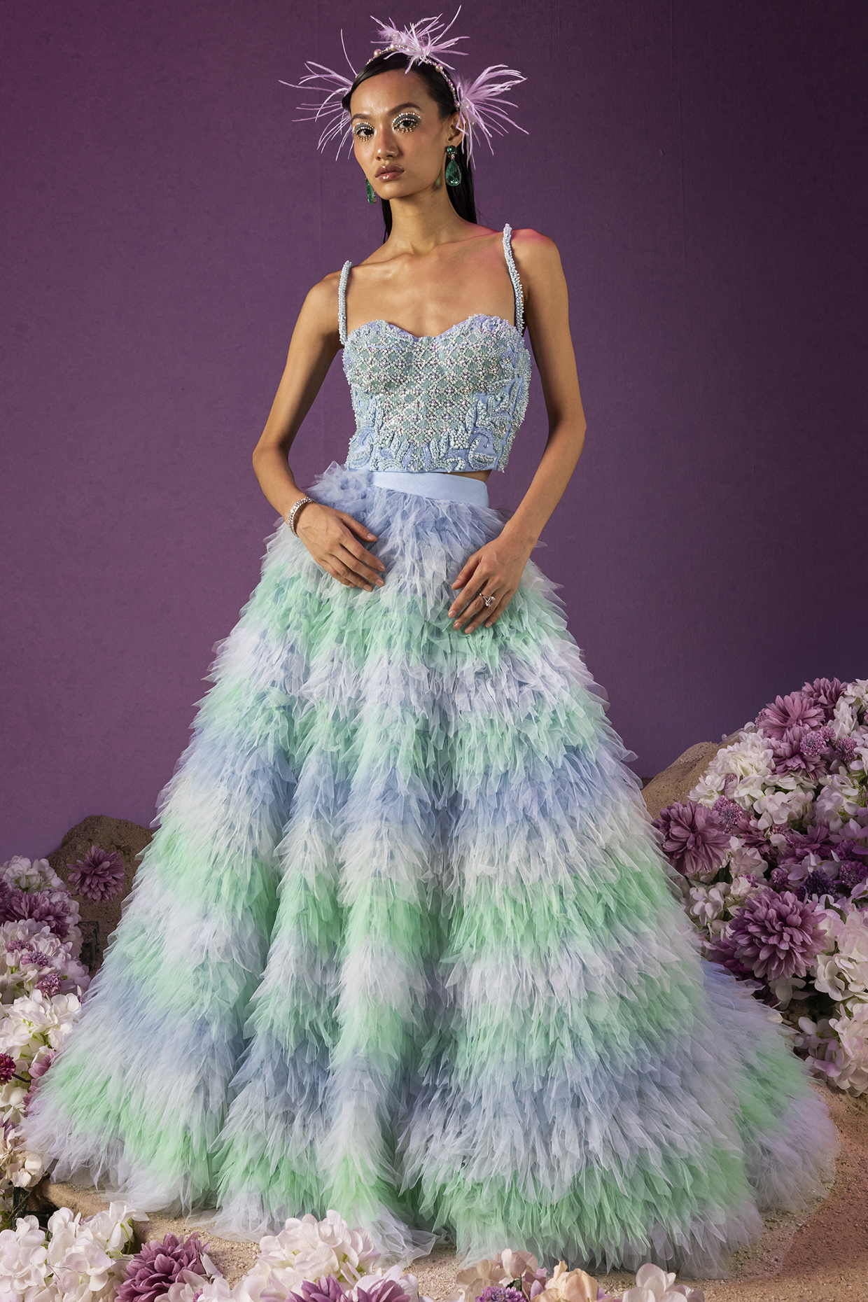 Turquoise Soft Net Bridal Lehenga Set by Mala and Kinnary at Pernia's Pop Up Shop